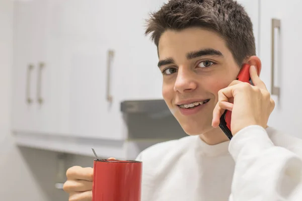 Young Teenage Man Mobile Phone Drinking Coffee — Stock Photo, Image