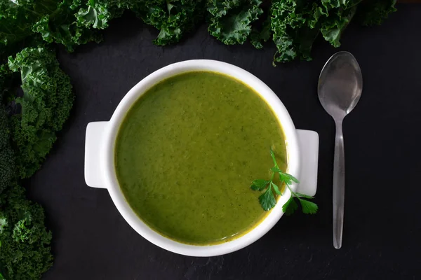 Broth Cream Natural Vegetables Plate Black Stone Background — Stock Photo, Image