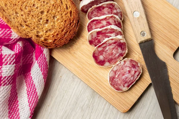 Meat Sausages Wooden Table Top View — ストック写真