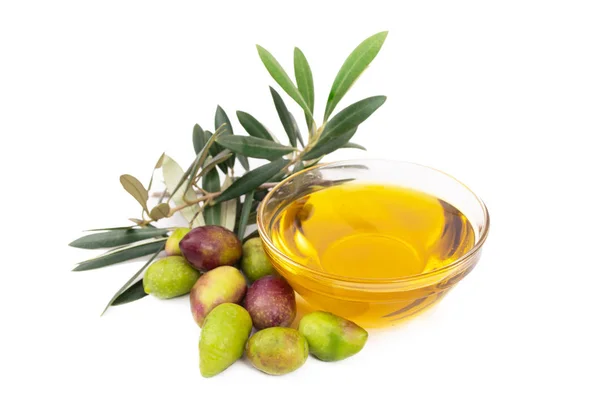 Aceite Oliva Con Aceitunas Naturales Ramas Olivo Aisladas — Foto de Stock