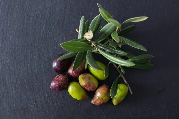 Aceitunas Naturales Con Hojas Olivo Sobre Pizarra Negra — Foto de Stock