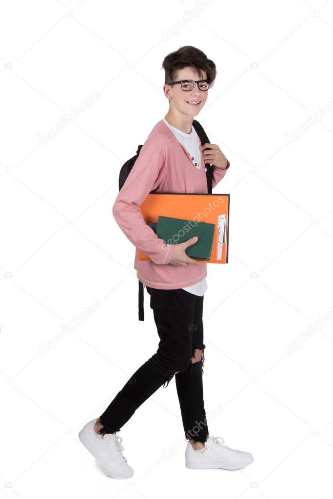 student with books, backpack and full length glasses isolated on white background