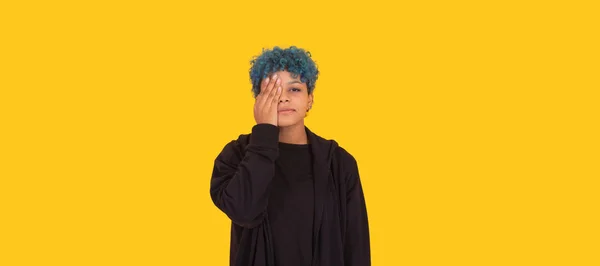 Young African American Girl Woman Blue Hair Isolated Yellow Background — 스톡 사진