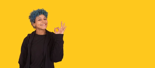Young African American Girl Woman Blue Hair Isolated Yellow Background — 스톡 사진