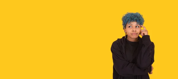 Young African American Girl Woman Blue Hair Isolated Yellow Background — Stock Photo, Image