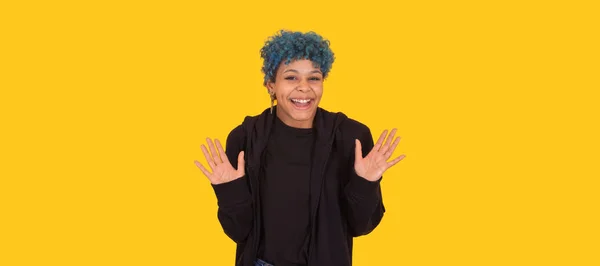 Young African American Girl Woman Blue Hair Isolated Yellow Background — 스톡 사진