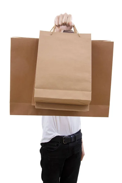 Joven Con Bolsas Aisladas Sobre Fondo Blanco — Foto de Stock