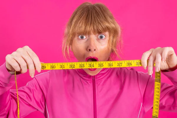 Adult Woman Desperate Stressed Measuring Tape Diet — 图库照片