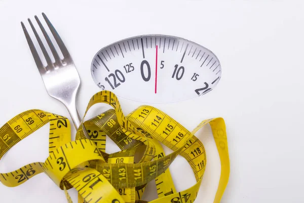 Skala Taśmą Pomiarową Widelcem Koncepcja Diety Odchudzania — Zdjęcie stockowe