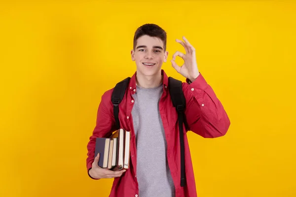 Estudante Adolescente Com Livros Mochila Escolar Universitária Isolada Fundo Cor — Fotografia de Stock