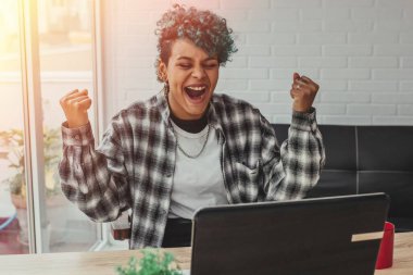 Bilgisayarı ve başarı ifadesi olan ya da evde ya da ofiste kutlama yapan genç bir kadın ya da kız.