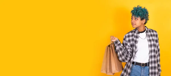 Girl Shopping Bags Stores Isolated Color Background — Stock Photo, Image