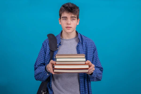 Adolescente Estudante Menino Com Mochila Livros Isolados Fundo Cor — Fotografia de Stock