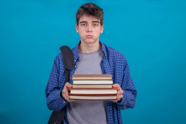 Adolescente Studente Ragazzo Con Zaino Libri Isolati Sfondo Colore — Foto Stock