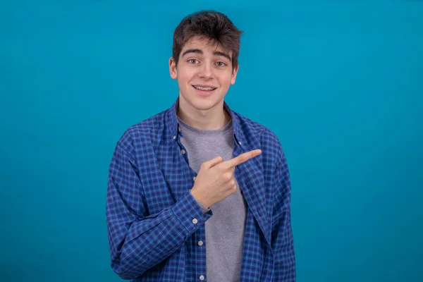 Expressive Teenage Young Boy Isolated Blue Background — Stock Photo, Image
