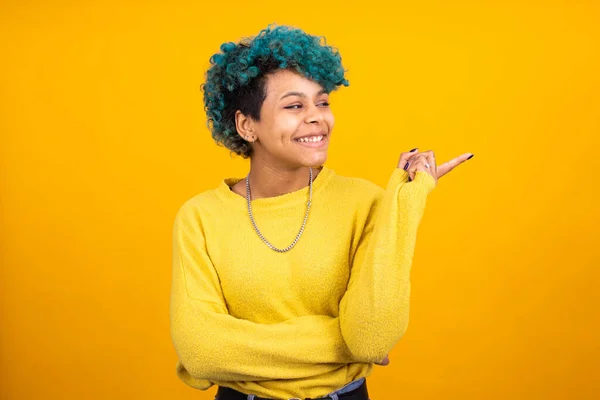 Young Girl Brunette Woman Blue Curls Isolated Yellow Background — Stock Photo, Image