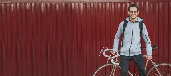 Casual Young Man Teenage Student Street Bicycle Outdoors — Stock Photo, Image