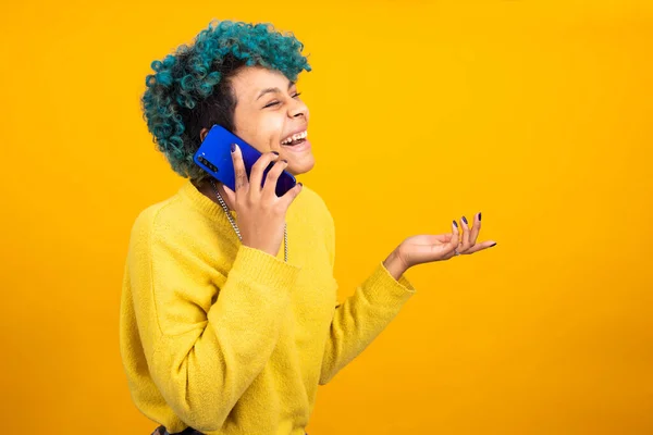 Girl Woman Talking Mobile Phone Isolated Color Background — Stock Photo, Image