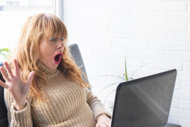 Ev ya da dairenin oturma odasında dizüstü bilgisayarı olan yetişkin bir kadın.