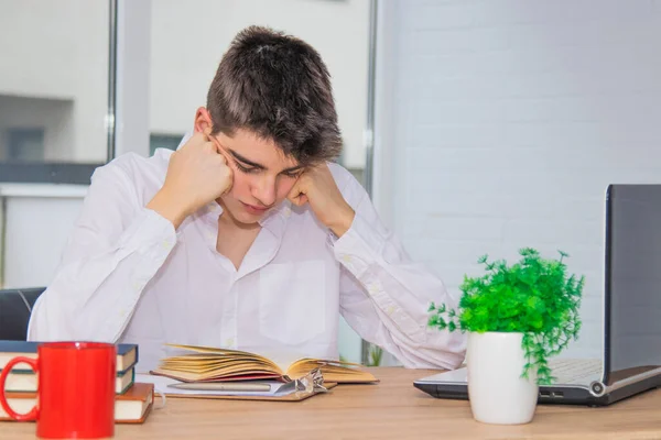 Adolescent Étudiant Bureau Avec Des Livres Étudiant — Photo