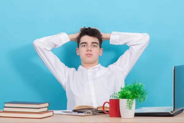 Student Calm Expression Hands Head Sitting Desk — Stock Photo, Image