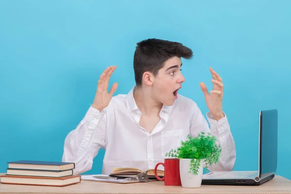 Tiener Student Aan Het Bureau Met Computer Gekleurde Achtergrond — Stockfoto