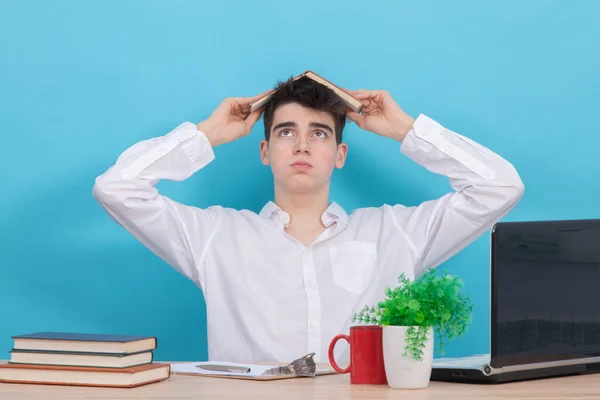 Male Teen Student Desk Colored Background — Stock Photo, Image