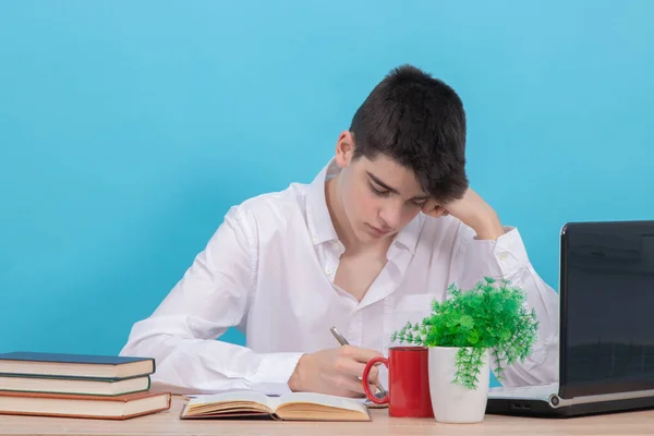 Tiener Student Aan Het Bureau Met Boeken Laptop Kleur Achtergrond — Stockfoto