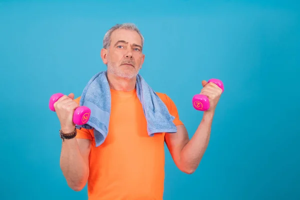 Adult Senior Man Doing Sport Dumbbells Isolated Color Background — Stock Photo, Image