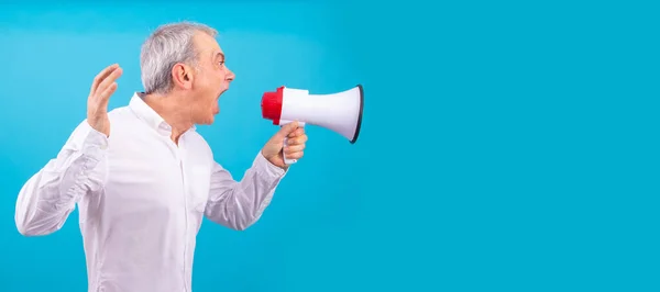 Man Megaphone Yelling Isolated Color Background — Stock Photo, Image