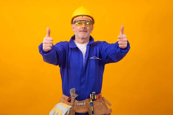 Εργάτης Οικοδομών Επαγγελματίας Απομονώνονται Φόντο Χρώμα Εργαλεία — Φωτογραφία Αρχείου