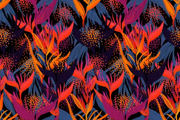 Arte floral vector patrón sin costura. Heliconia tropical roja, azul, rosa, púrpura, naranja . — Archivo Imágenes Vectoriales