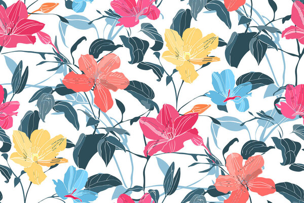 Art floral vector seamless pattern. Yellow, pink, orange, blue flowers isolated on white background. Deep blue leaves, light blue transparent overlays leaves. For fabric, home and kitchen textile.