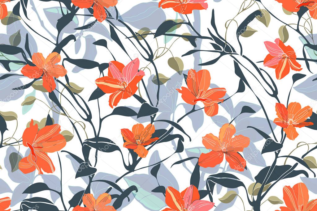 Art floral vector seamless pattern. Orange flowers