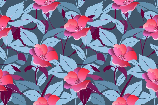 Art Floral Vectoriel Motif Transparent Fleurs Roses Soir Feuillage Bleu — Image vectorielle