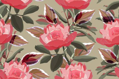 Çiçeksiz sanat vektörü deseni. Açık kırmızı, yeşil ve kahverengi yapraklı pembe şakayıklar zeytin arka planda izole edilmiş. Duvar kâğıdı, kumaş ve tekstil için çiçeklerle sonsuz desen..