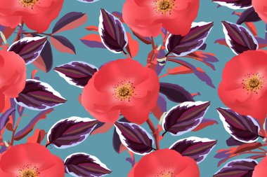 Çiçeksiz sanat vektörü deseni. Mavi arka planda izole edilmiş renkli yapraklı kırmızı gelincikler. Duvar kağıdı, kumaş, tekstil, kağıt için döşeme deseni.