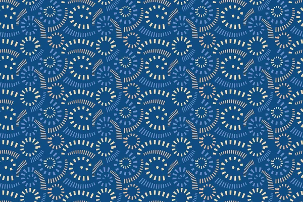 抽象ベクトルシームレスパターン 青い背景に切り出されたカール Ponder Palette Classic Blue Provance Corhusk Peach QuatrzからのPantone — ストックベクタ
