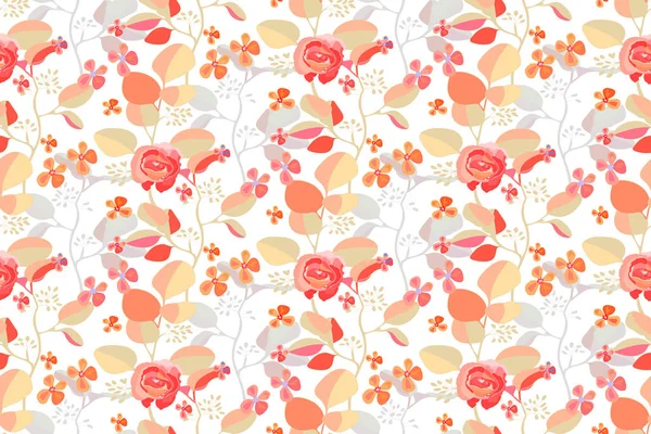 Art Floral Vector Seamless Pattern Delicate Pink Orange Flowers Branches — Stock Vector