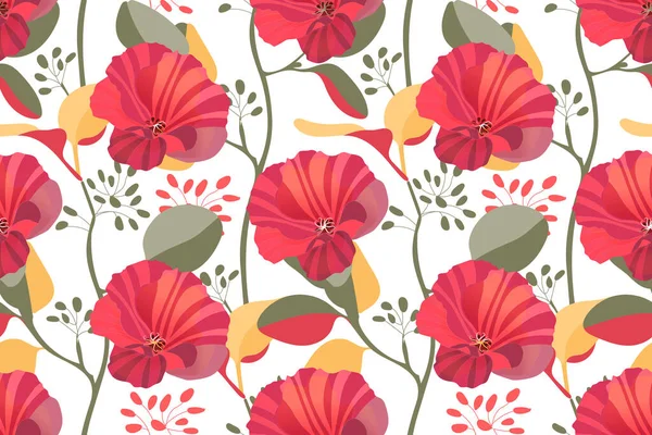 Art Floral Vector Naadloos Patroon Rode Kastanjebruine Tuinkaasjesbloemen Takken Met — Stockvector
