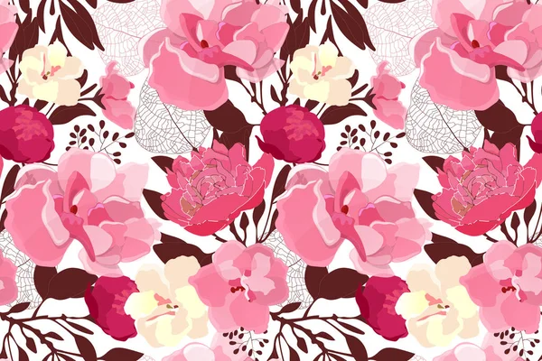 Art Floral Vector Naadloos Patroon Roze Lichtgeel Kastanjebruine Bloemen Bruine — Stockvector