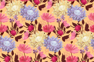 Çiçeksiz sanat vektörü deseni. Kırmızı, pembe, mor, kestane rengi çiçekler, soluk sarı arkaplanda yalıtılmış kahverengi yapraklar. Duvar kağıdı, kumaş, iç tekstil, kart, şablon için döşeme deseni.