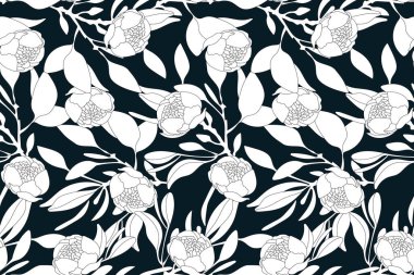 Çiçeksiz sanat vektörü deseni. Beyaz şakayıklar, siyah arka planda izole edilmiş yapraklar. Duvar kağıdı, kumaş, iç tekstil, kart, şablon, pankart, dijital kağıt için bahçe çiçekleriyle döşeme deseni.