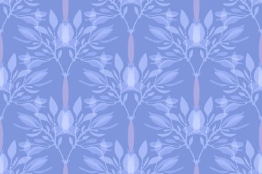 Çiçeksiz sanat vektörü deseni. Mavi dalları, dalları, yaprakları mavi arka planda izole edin. Duvar kağıdı tasarımı, kumaş, aksesuarlar, iç tekstil, web sitesi için sonsuz desen.