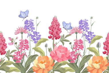 Çiçeksiz vektör sınırı. Bahar çiçekleri, yeşil yapraklar, kelebekler. Lupine, şakayık, tüy yumağı, kuş tüyü, takviye, kadife çiçeği. Pembe, mor, turuncu bahar bahçesi çiçekleri beyaz arkaplanda..