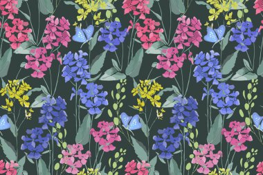 Çiçeksiz sanat vektörü deseni. Yumuşak çayır soluk leylak, sarı, yeşil dallı pembe çiçekler ve koyu yeşil arka planda izole edilmiş yapraklar. Suluboya tarzı. Sonsuz desen.