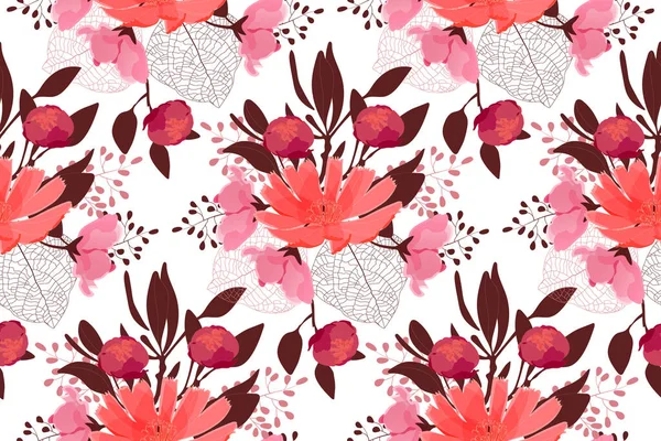 Τέχνη Floral Διάνυσμα Απρόσκοπτη Μοτίβο Κόκκινα Ροζ Πορτοκαλί Καφέ Λουλούδια — Διανυσματικό Αρχείο