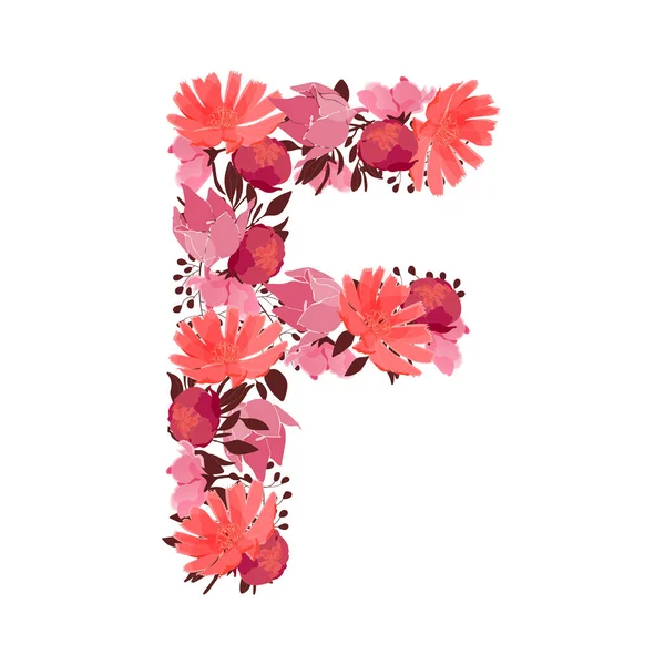 Vector Floral Mayúscula Carácter Monograma Botánico Flores Color Rosa Granate — Vector de stock