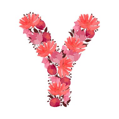 Vektör çiçek mektubu, büyük karakter Y. Botanik monogram. Pembe, kestane rengi, mercan rengi çiçekler beyaz arka planda izole edilmiş kalın bir harf şeklinde. Hindiba, şakayık, dallı zambak.
