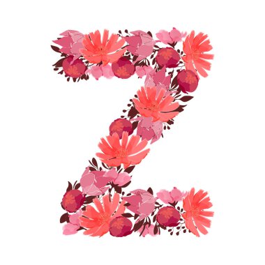 Vektör çiçek mektubu, büyük karakter Z. Botanik monogram. Pembe, kestane rengi, mercan rengi çiçekler beyaz arka planda izole edilmiş kalın bir harf şeklinde. Hindiba, şakayık, dallı zambak.